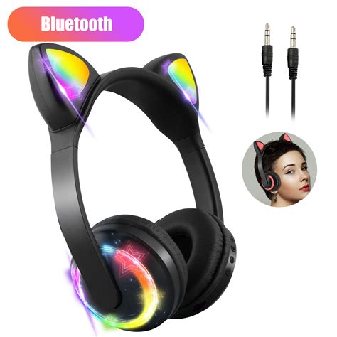 TSV Wireless Bluetooth Cat Ear Headphones with Mic, 7 Colors LED Light Flashing Glowing On-Ear ...