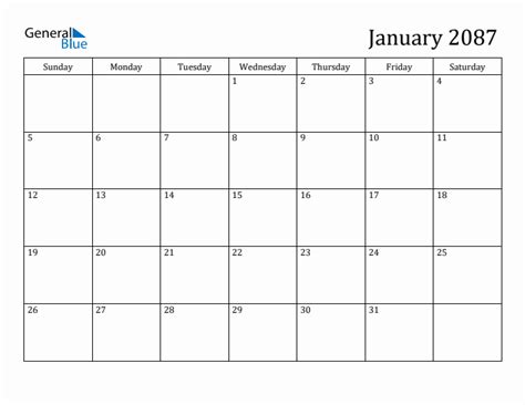 January 2087 Monthly Calendar (PDF, Word, Excel)