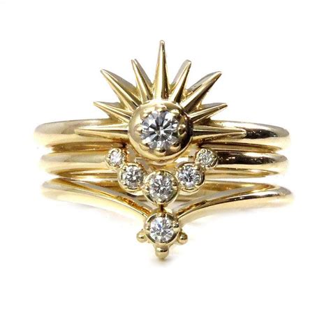 Sun Moon And Stars Stacking Ring Set - Sunburst With Diamond And ...