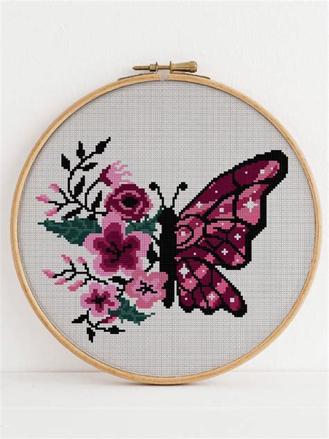 Flower Butterfly Cross Stitch Pattern, Nature Counted Cross Stitch Chart, Home Decor, Hoop Art ...