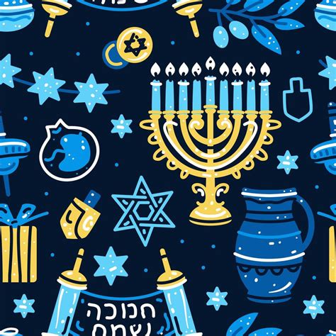 Happy Hanukkah seamless pattern with menorah, dreidels, donuts 3808263 ...