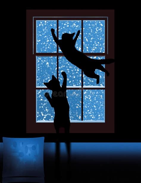 Cats Try To Swat Snowflakes Falling on the Outside of the Window Glass Stock Illustration ...