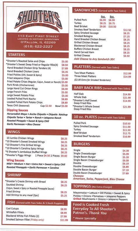 Shooters Bar & BBQ menu in O'Fallon, Illinois, USA