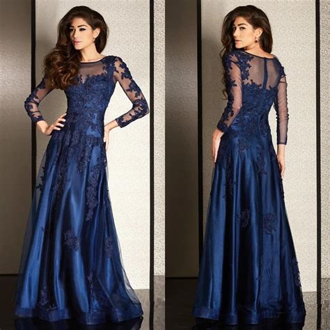 2016 Sheer Long Long Sleeve A Line Dark Royal Blue Evening Dresses ...