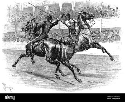 Engraving showing a bout of combat in the mounted lance vs. sword category, at the Military ...