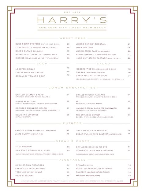 Harry's Bar & Restaurant | New York City Menu