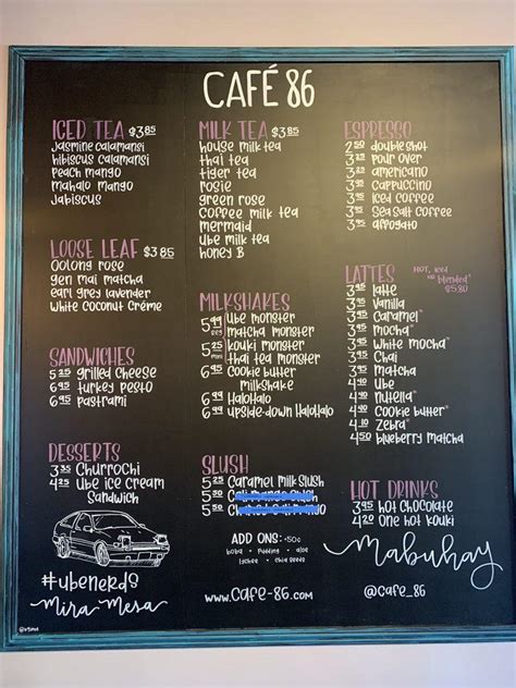 Menu at Cafe 86, San Diego