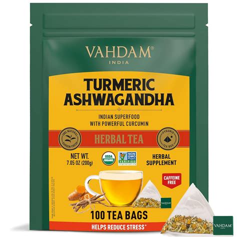 Amazon.com : VAHDAM, ORGANIC Turmeric + Ashwagandha SUPERFOOD Herbal Tea (100 Tea Bags) | USDA ...