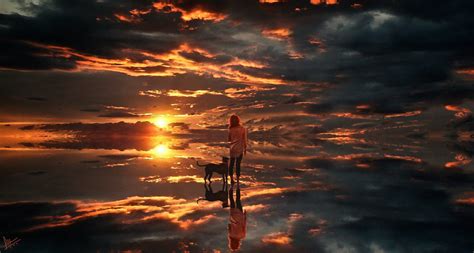 sky, sunset, women, dog, digital art, Photoshop, fantasy art ...