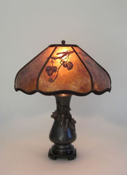 Oxidized brass Antique table lamps''Bitter Melon" mica lamp shade with hand-cut vine design