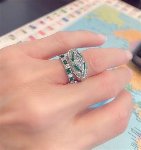 Art Deco Platinum East West Marquise Cut Diamond and Emerald Ring at 1stDibs | marquise cut ...