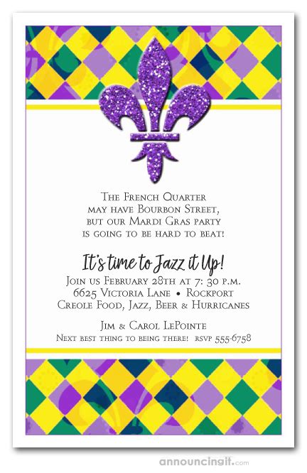 Harlequin Fluer de Lis Mardi Gras Party Invitations