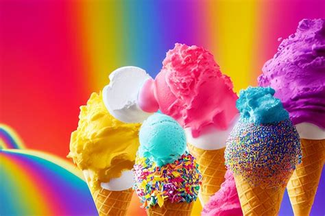 Premium Photo | Colorful ice cream rainbow with topping for food ...