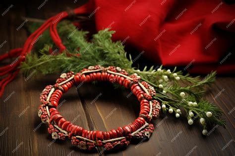 Premium Photo | Martisor symbols arranged in a wreath with greenery and flowers