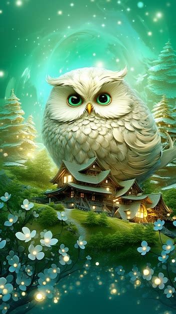 Premium AI Image | A painting of a white owl with green eyes sits on a green landscape.