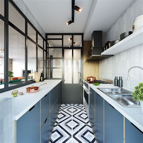 Contemporary Blue and White Kitchen Design with Glass Partition | Livspace