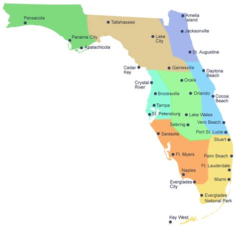 a map of the state of florida with all its major cities and their respective towns