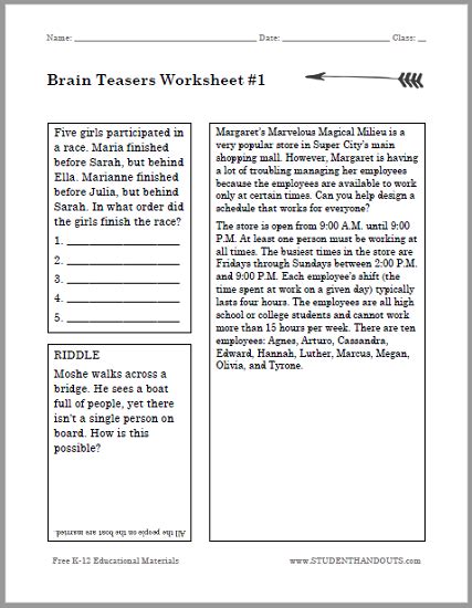 Brain Teasers Puzzle Worksheet #1 | Student Handouts