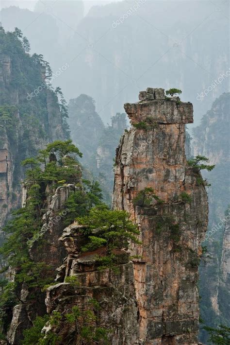 Forested cliffs of the floating mountains in in Zhangjiajie national ...