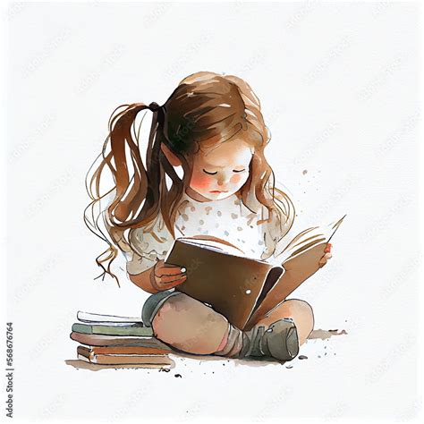 Watercolor illustration of a little girl reading a book. Generative ai Stock Illustration ...