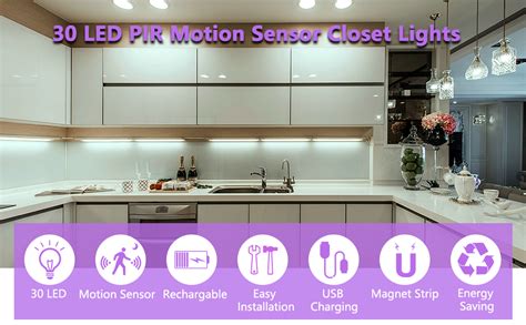 Motion Sensor Under Cabinet Lights,30 LED Rechargable Under Cupboard ...