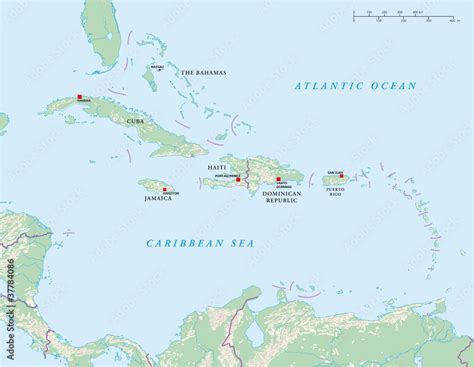 Caribbean islands political map. Greater and Lesser Antilles with capitals, national borders ...