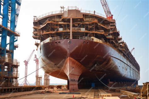 Premium Photo | Huge ship under construction with workers welding and ...