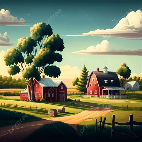 Summer Day In Village With Farm House And Trees Cartoon Background ...