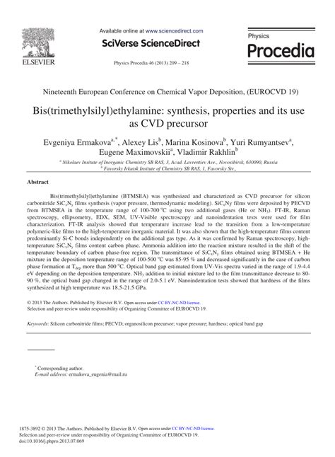 (PDF) Bis(trimethylsilyl)Ethylamine: Synthesis, Properties and its use as CVD Precursor