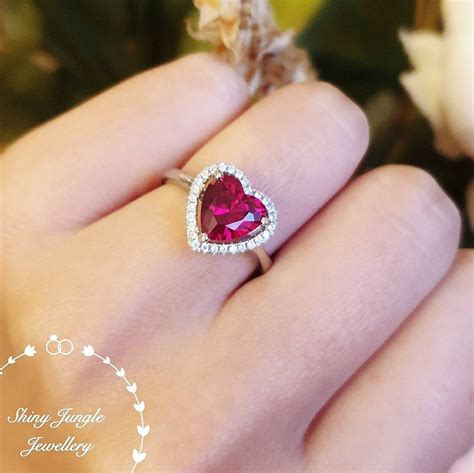 Halo Heart Shaped Genuine Lab Grown Ruby Ring, 2 carats 8*8mm Red Heart ...