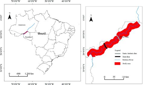 Location of the study area and two dams in the Madeira River in Brazil. | Download Scientific ...