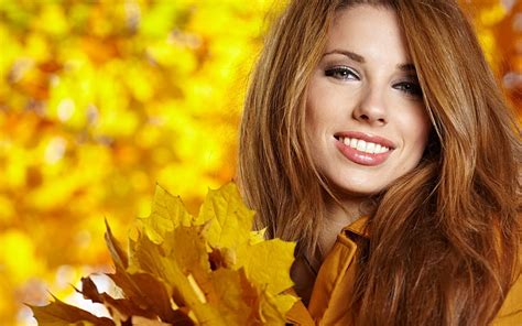 Brown maple leaf plants, brunette, face, smile, leaves, HD wallpaper | Wallpaperbetter