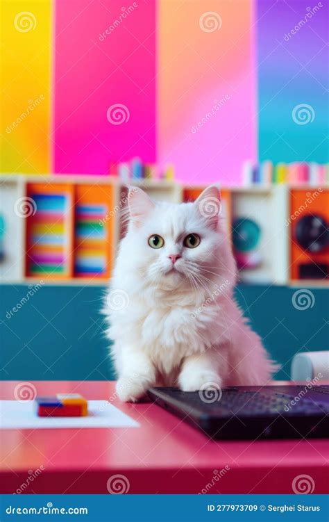 A White Cat Sitting on Top of a Desk Next To a Keyboard. Generative AI ...