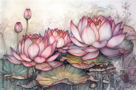 Lotus flowers background. Pink lotuses watercolor drawing. Water lily wallpaper. Lotus flower ...