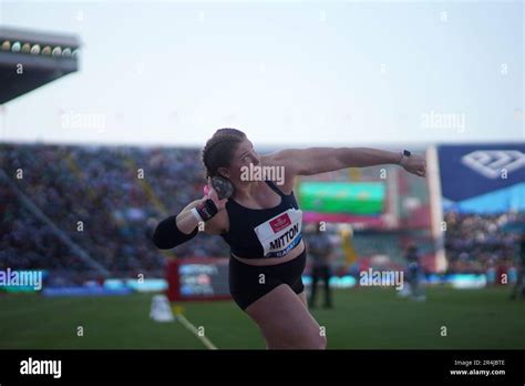 Sarah Mitton, of Canada, makes an attempt in the Women shot put at a Diamond League athletics ...