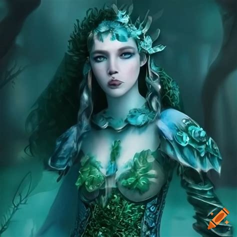 Woman in armored fantasy style among blue, green, and ice flowers in a forest on Craiyon