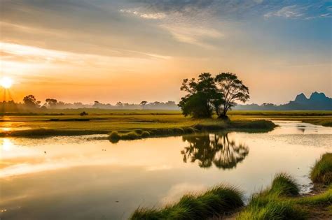 Premium Photo | A sunset over a marsh with a tree in the foreground