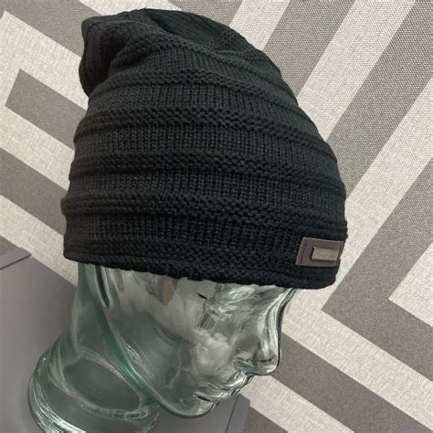 Black lined woolly winter beanie hat, black, brand... - Depop