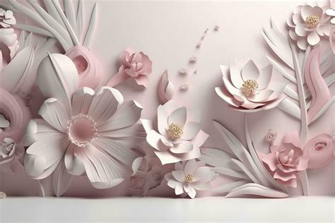 3d illustration mural wallpaper . pink flowers in light background for ...