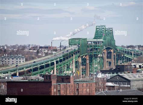 Bridge across a river, Tobin Bridge, Mystic River, Boston Harbor, Boston, Massachusetts, USA ...