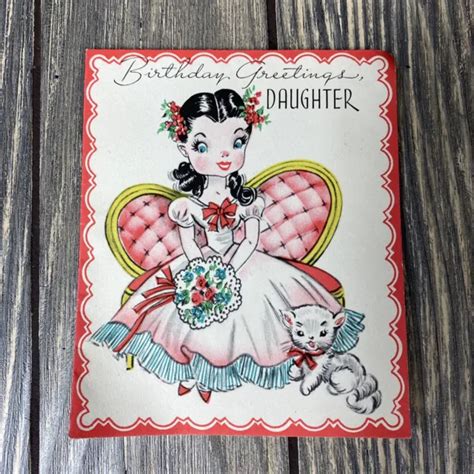 VINTAGE GIBSON CINTI USA Birthday Greetings Daughter Girl With Cat Card $14.99 - PicClick