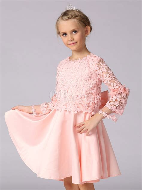 Flower Girl Dresses Long Sleeve Lace Blush Pink Bows A Line Kids Social ...