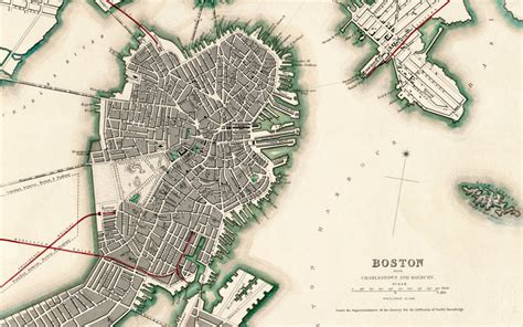 Aerial map of Boston, Charlestown and Roxbury, Massachusetts in 1853 - KNOWOL