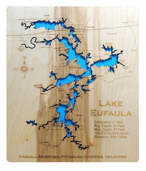 Eufaula Lake, Oklahoma - Laser Cut Wood Map