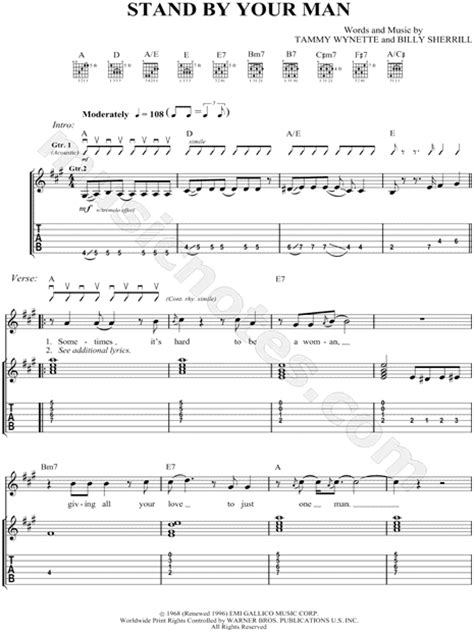 Tammy Wynette "Stand by Your Man" Guitar Tab in A Major - Download & Print - SKU: MN0040126