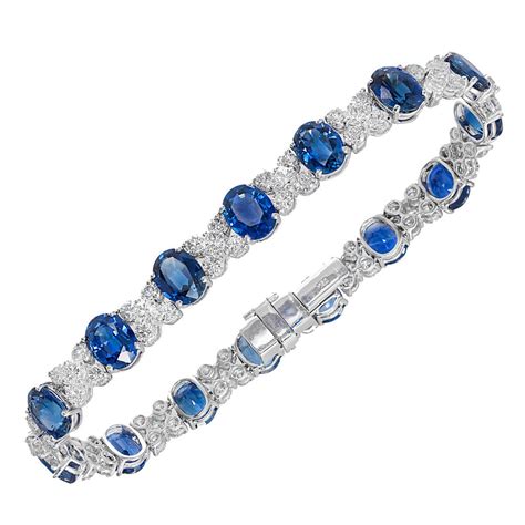 Cornflower Blue Oval Sapphire Diamond White Gold Bracelet For Sale at 1stdibs