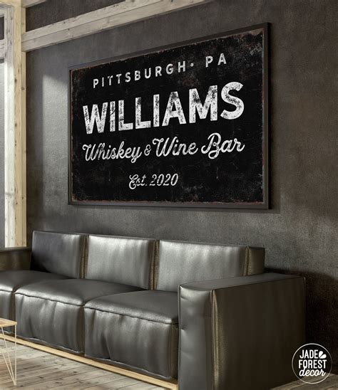 black WHISKEY & WINE BAR sign > custom last name wall art for vintage bar decor • large framed ...