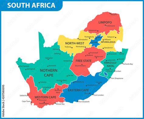 The detailed map of South Africa with regions or states and cities ...