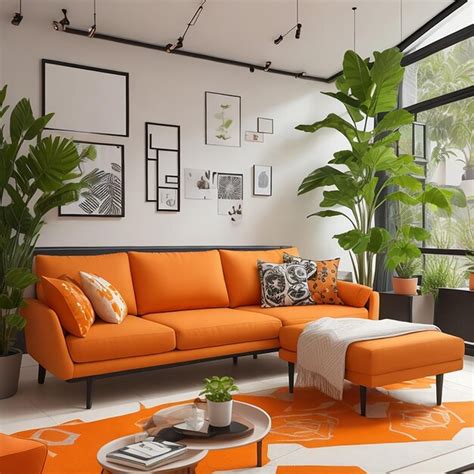 Premium AI Image | Modern living room interior with orange sofa plant and geometric pattern ...
