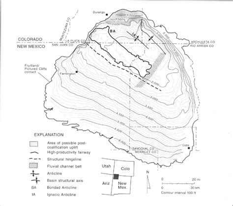 Structure map of the San Juan basin, contoured (in feet) on the... | Download Scientific Diagram